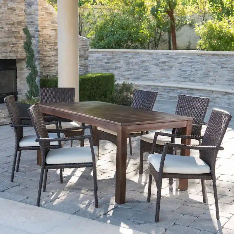 Geelong Wicker Wood Outdoor 7-piece Dining Set with Cushions by Christopher Knight Home