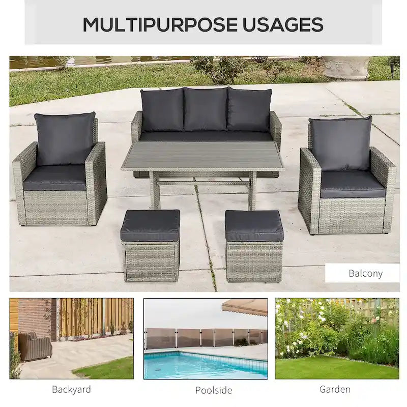 Outsunny 6 PCS Outdoor Patio Dining Table Sets All Weather PE Rattan Sofa Chair Furniture set Indoor Outdoor with Cushions