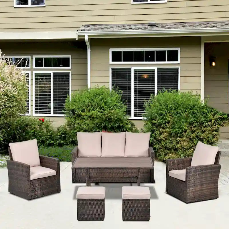 Outsunny 6 PCS Outdoor Patio Dining Table Sets All Weather PE Rattan Sofa Chair Furniture set Indoor Outdoor with Cushions