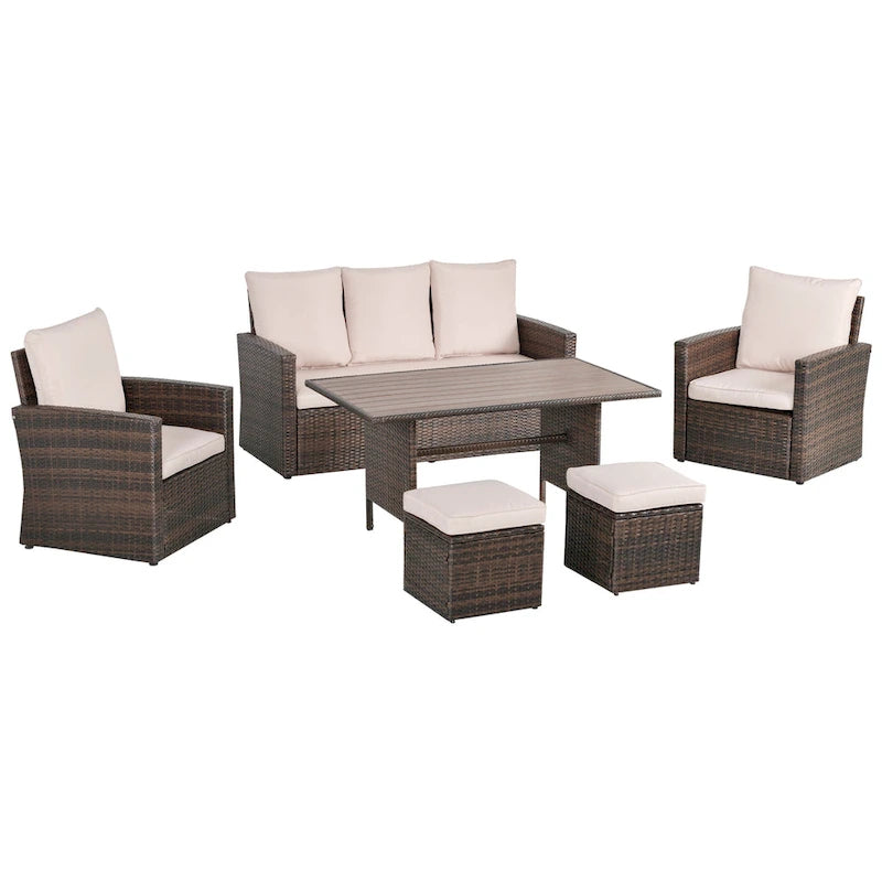Outsunny 6 PCS Outdoor Patio Dining Table Sets All Weather PE Rattan Sofa Chair Furniture set Indoor Outdoor with Cushions