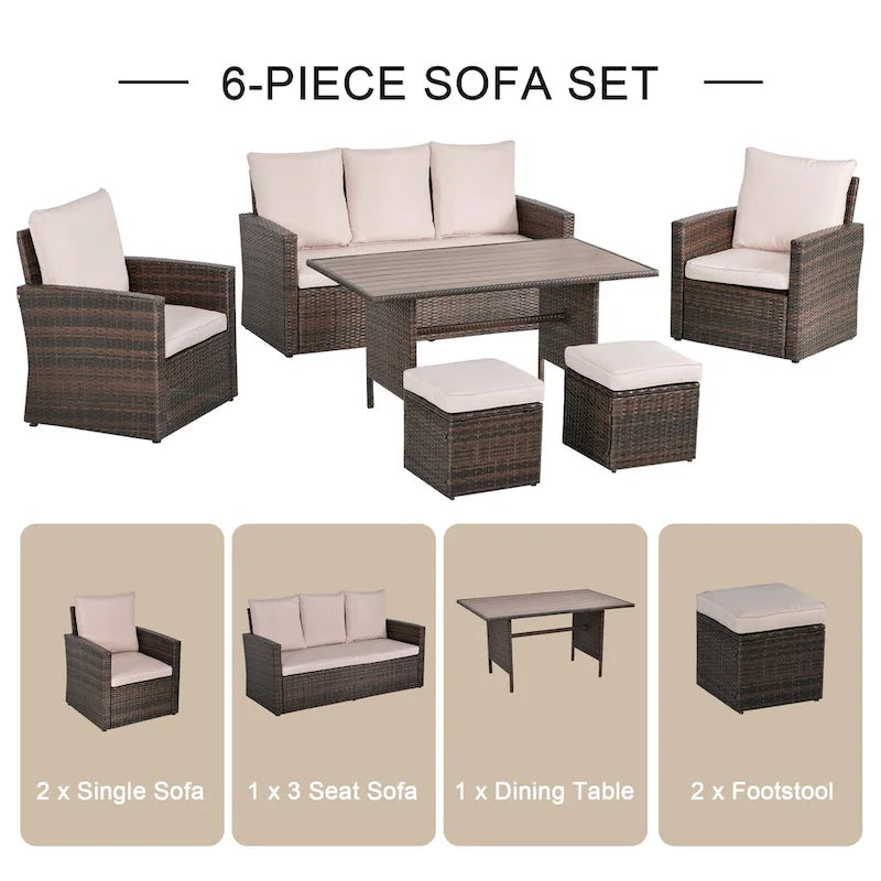 Outsunny 6 PCS Outdoor Patio Dining Table Sets All Weather PE Rattan Sofa Chair Furniture set Indoor Outdoor with Cushions