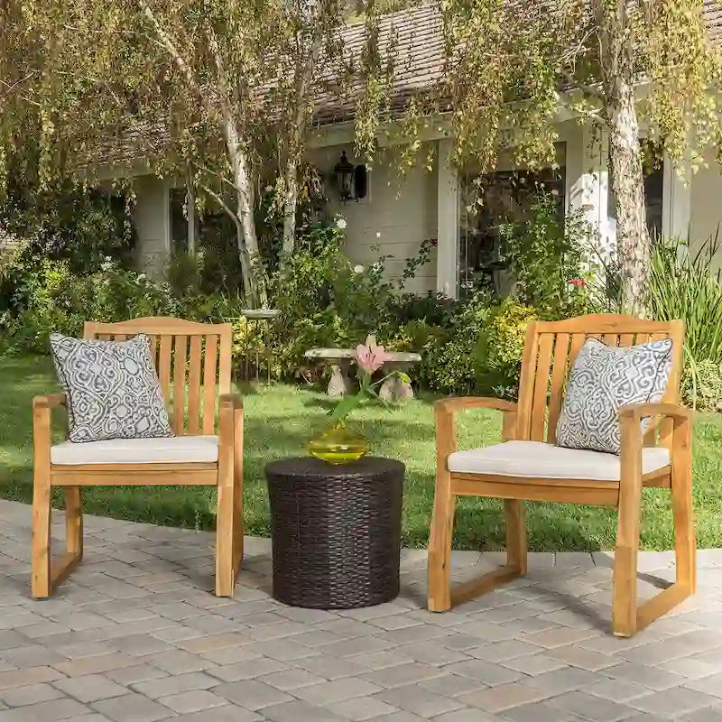 Avalon Outdoor 3-piece Acacia Wood Chat Set with Round Wicker Table by Christopher Knight Home