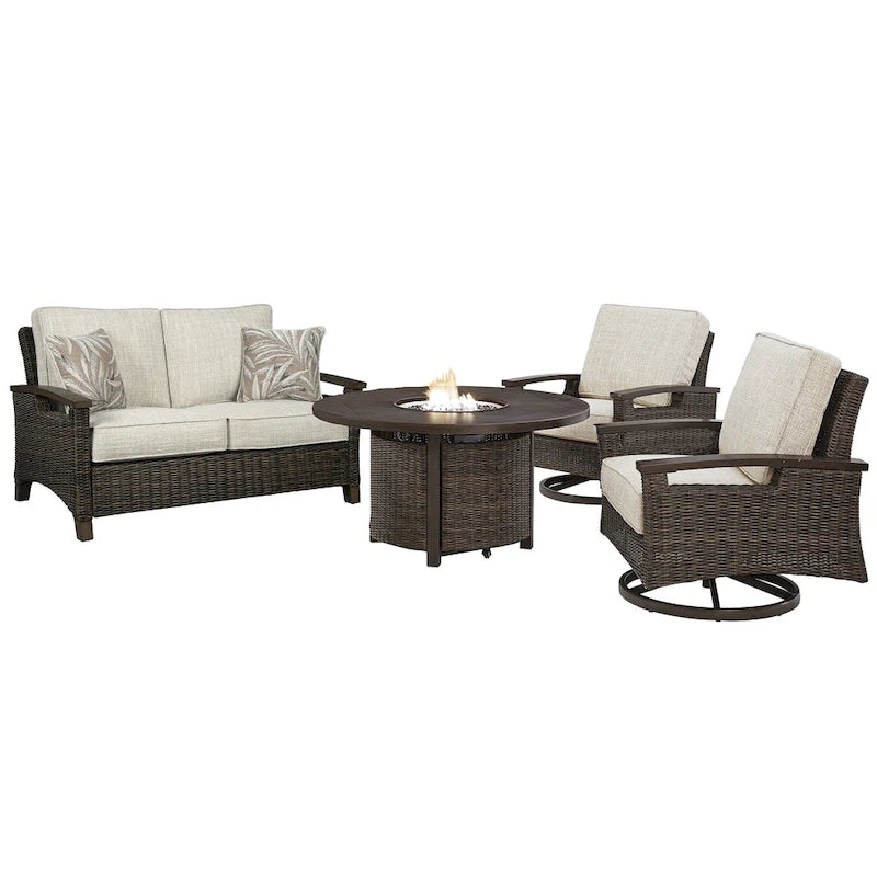 Signature Design by Ashley Paradise Trail Medium Brown/Beige Outdoor Loveseat, Lounge Chairs and Fire Pit Table