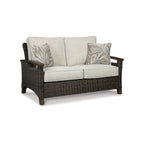 Signature Design by Ashley Paradise Trail Medium Brown/Beige Outdoor Loveseat, Lounge Chairs and Fire Pit Table
