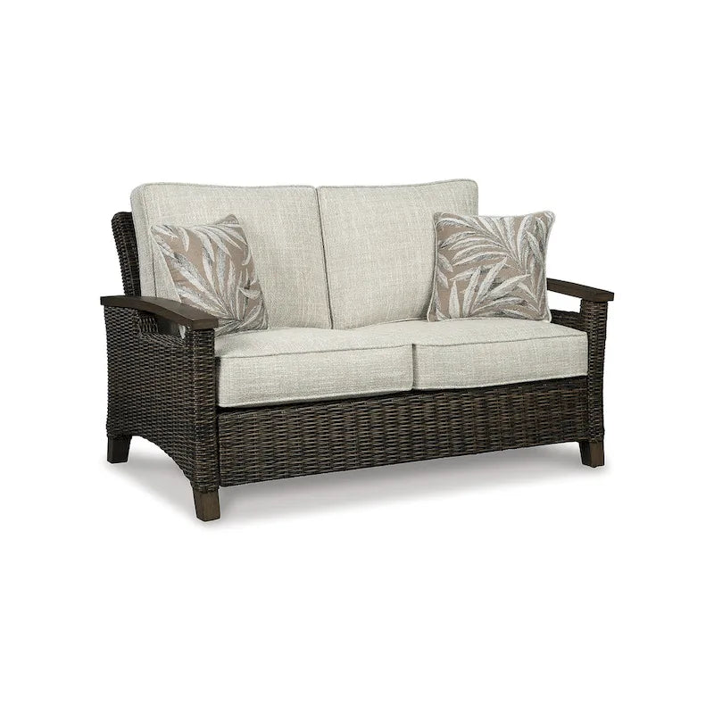 Signature Design by Ashley Paradise Trail Medium Brown/Beige Outdoor Loveseat, Lounge Chairs and Fire Pit Table