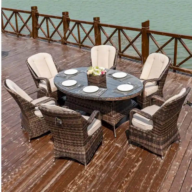 Moda 7-Piece Patio Wicker Oval Dining Table Set with Cushions