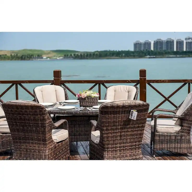 Moda 7-Piece Patio Wicker Oval Dining Table Set with Cushions