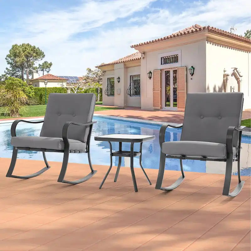BONOSUKI 3 Pcs Outdoor Rocking Bistro Set Chat Set with Side Table