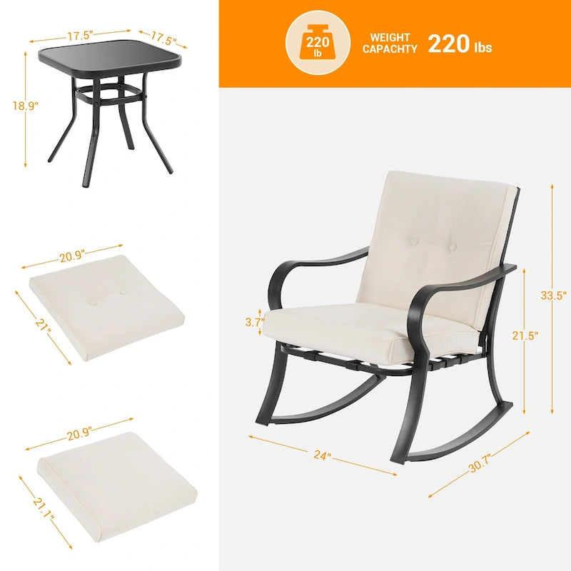 BONOSUKI 3 Pcs Outdoor Rocking Bistro Set Chat Set with Side Table