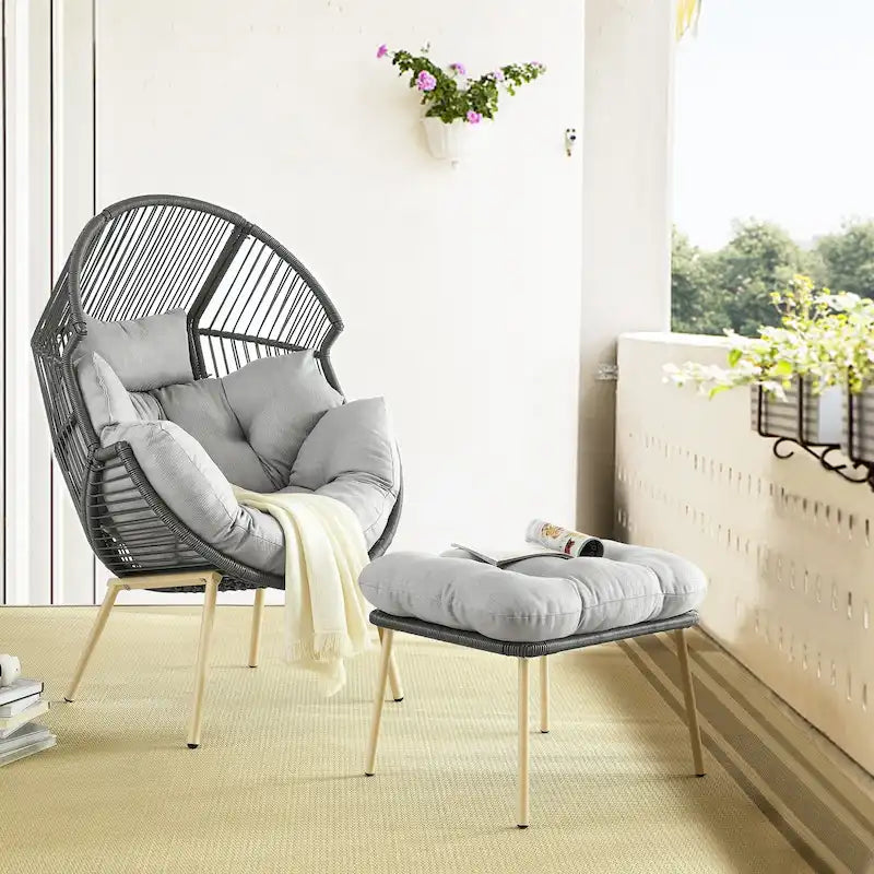 Outdoor Egg Chair with Ottoman with Stand and Cushion