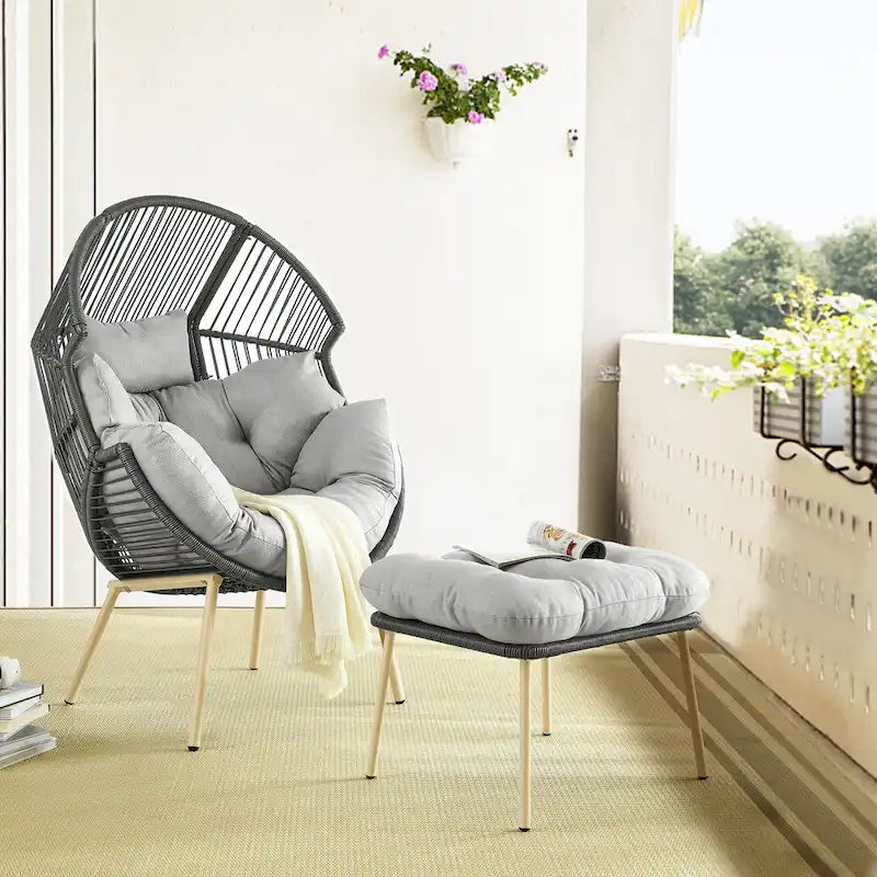 Outdoor Egg Chair with Ottoman with Stand and Cushion