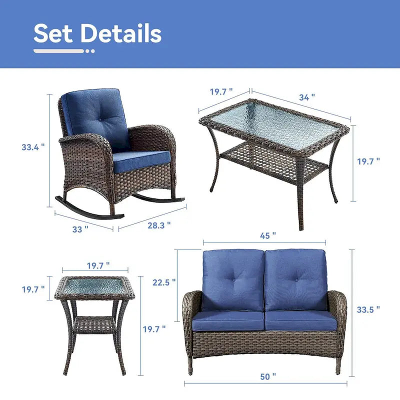 Gymojoy Outdoor Loveseat Sofa Coffee Table Rocking Chair SIde Table Set