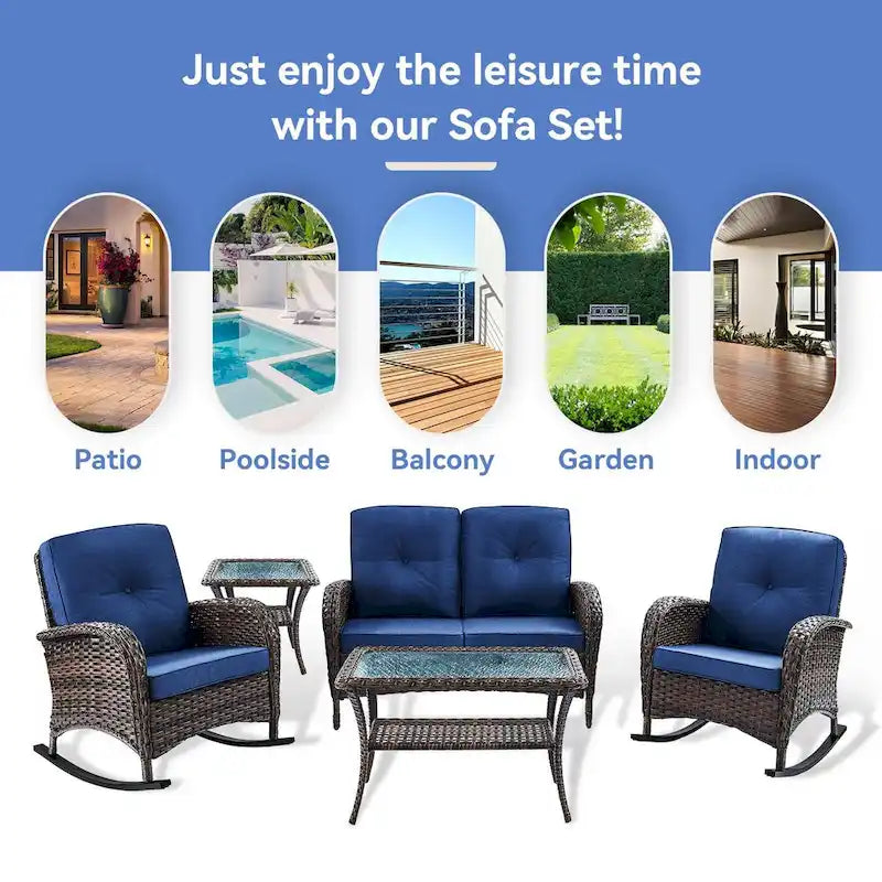Gymojoy Outdoor Loveseat Sofa Coffee Table Rocking Chair SIde Table Set