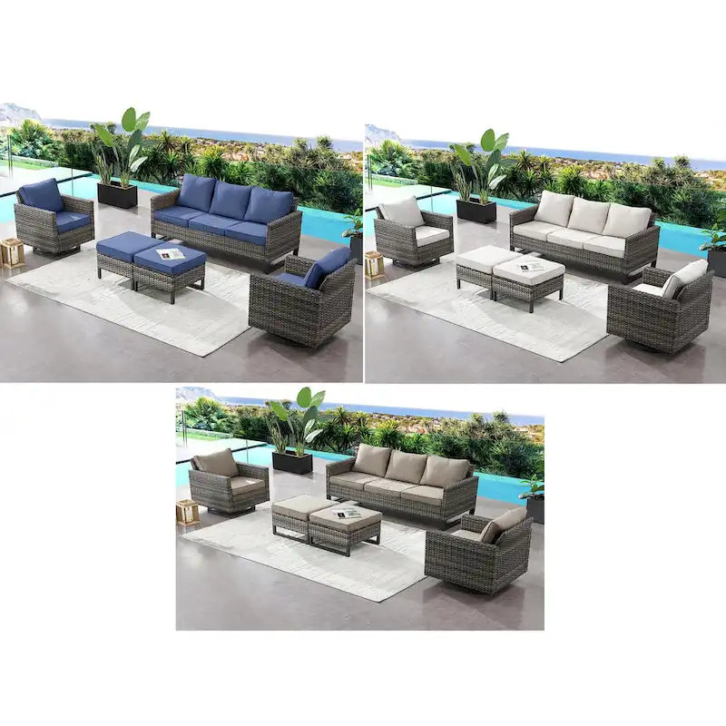 Gymojoy 5 Piece Patio 3-Seat Sofa With Rocking Chair and Ottoman with Cushion