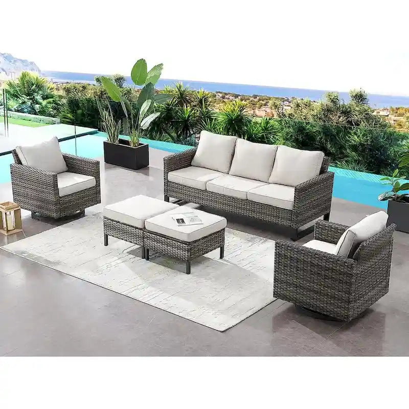 Gymojoy 5 Piece Patio 3-Seat Sofa With Rocking Chair and Ottoman with Cushion