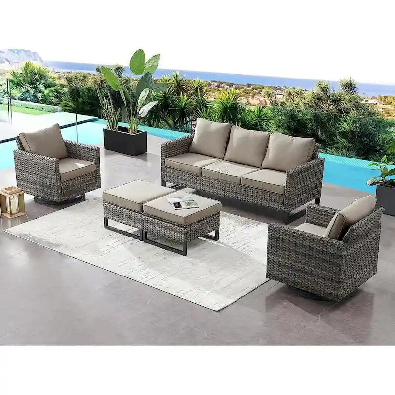 Gymojoy 5 Piece Patio 3-Seat Sofa With Rocking Chair and Ottoman with Cushion