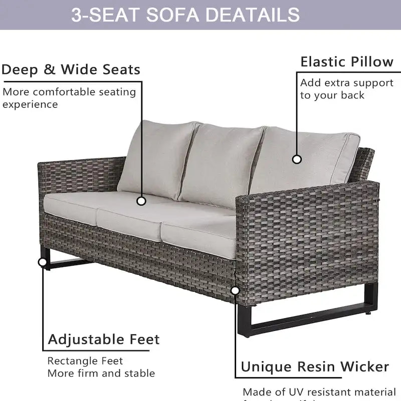 Gymojoy 5 Piece Patio 3-Seat Sofa With Rocking Chair and Ottoman with Cushion