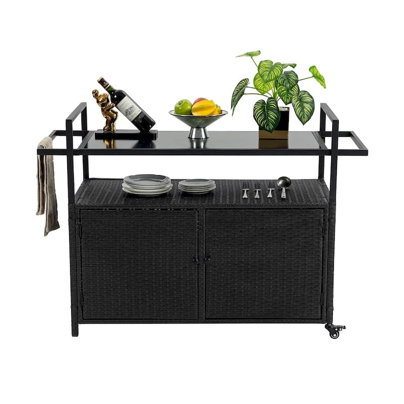 Portable Wicker Outdoor Bar Cart w/Wheels and Storage Cabinet
