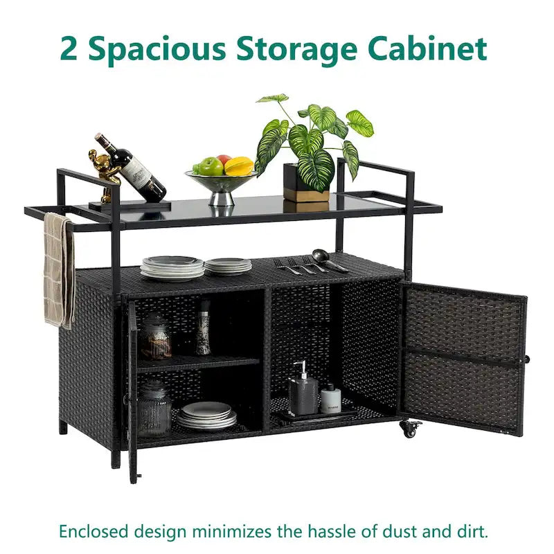 Portable Wicker Outdoor Bar Cart w/Wheels and Storage Cabinet