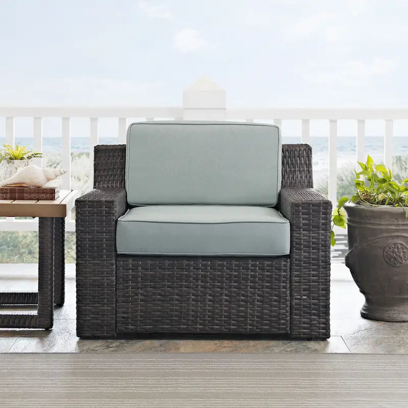 Beaufort Outdoor Espresso All-Weather Wicker Arm Chair with Mist Cushions - 37 W x 37 D x 31.5 H