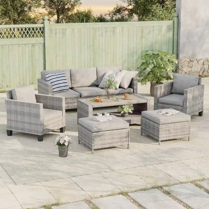 BONOSUKI 6Pcs Patio Sofa Coversation Set Grey Rattan w/Ottomans/Table