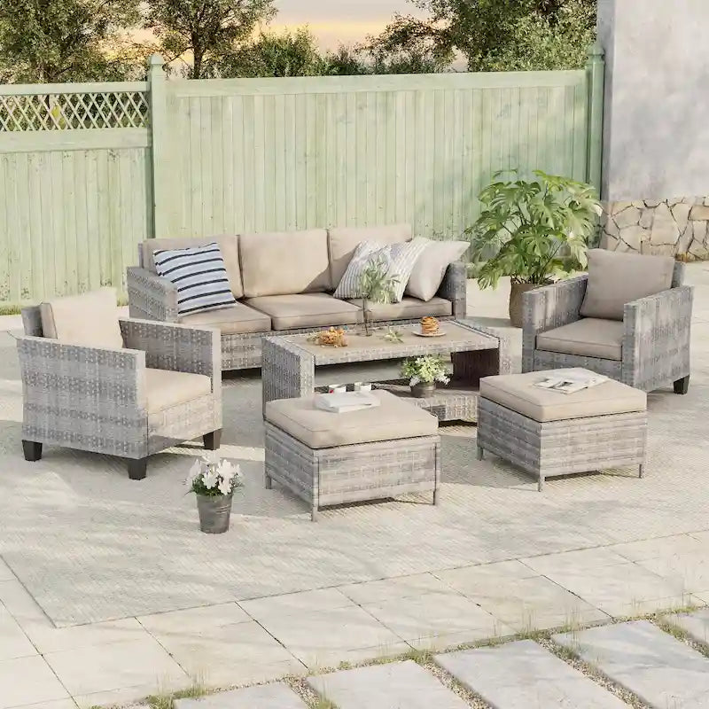 BONOSUKI 6Pcs Patio Sofa Coversation Set Grey Rattan w/Ottomans/Table