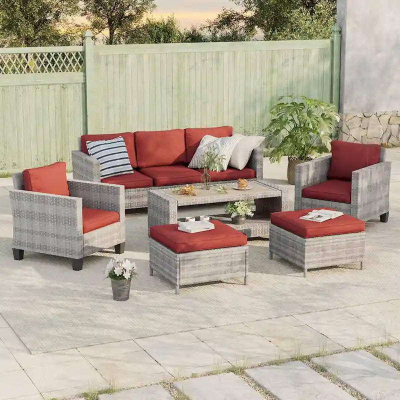 BONOSUKI 6Pcs Patio Sofa Coversation Set Grey Rattan w/Ottomans/Table