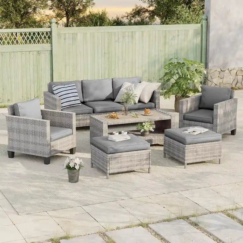 BONOSUKI 6Pcs Patio Sofa Coversation Set Grey Rattan w/Ottomans/Table