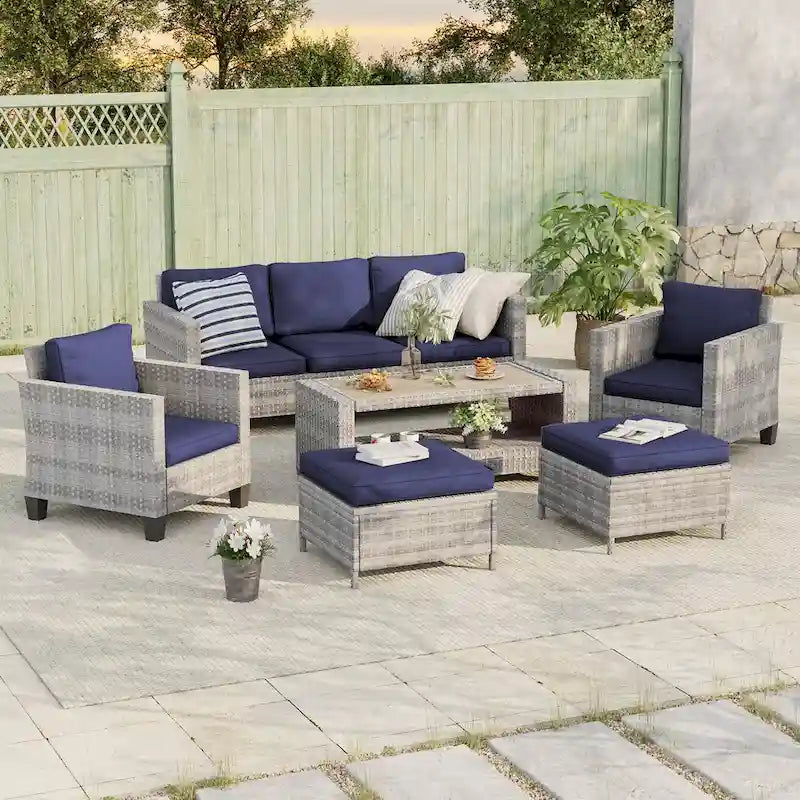 BONOSUKI 6Pcs Patio Sofa Coversation Set Grey Rattan w/Ottomans/Table