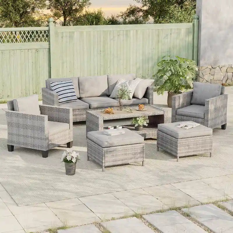 BONOSUKI 6Pcs Patio Sofa Coversation Set Grey Rattan w/Ottomans/Table