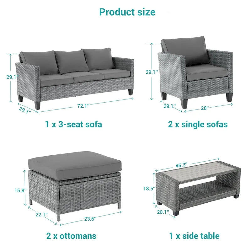 BONOSUKI 6Pcs Patio Sofa Coversation Set Grey Rattan w/Ottomans/Table