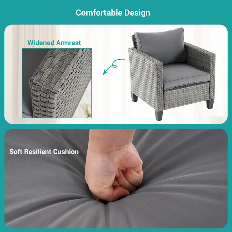 BONOSUKI 6Pcs Patio Sofa Coversation Set Grey Rattan w/Ottomans/Table