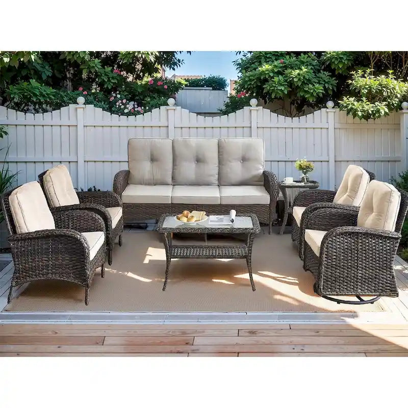 7-Piece Patio Sofa Wicker Swivel Rocking Chair Set