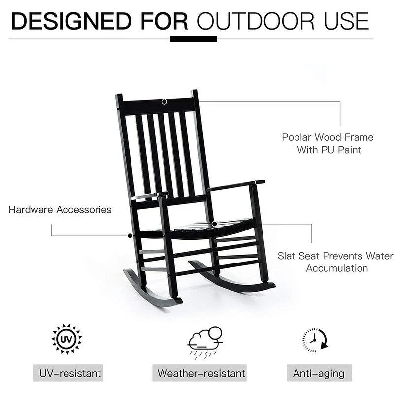 Grondin Indoor and Outdoor Rocking Chair with Solid Wood Frame, All Weather Resistant High Back Patio Porch Rocker
