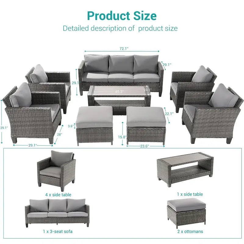 BONOSUKI 8-Piece Patio Sofa Set Grey Rattan Furniture Set w/Ottomans