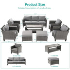 BONOSUKI 8-Piece Patio Sofa Set Grey Rattan Furniture Set w/Ottomans