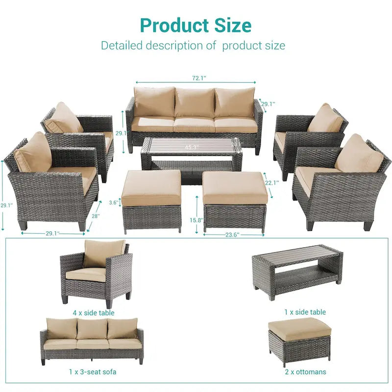 BONOSUKI 8-Piece Patio Sofa Set Grey Rattan Furniture Set w/Ottomans