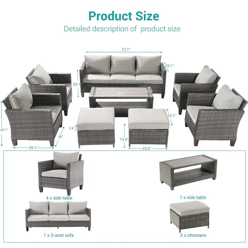 BONOSUKI 8-Piece Patio Sofa Set Grey Rattan Furniture Set w/Ottomans