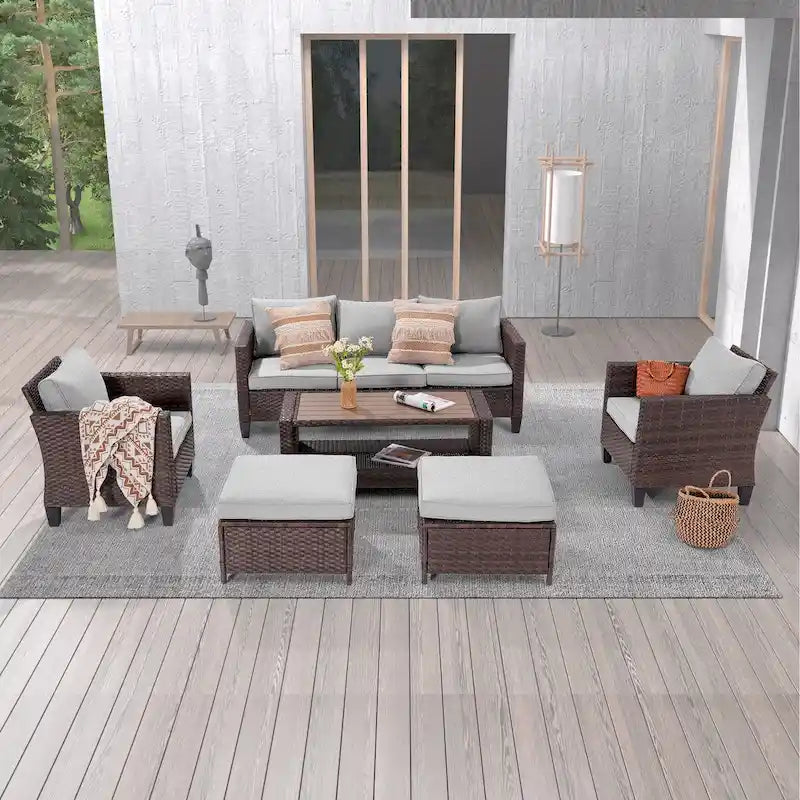 LIVOOSUN 6Pcs Patio Brown Rattan Outdoor Furniture Sofa Set with Coffee Table