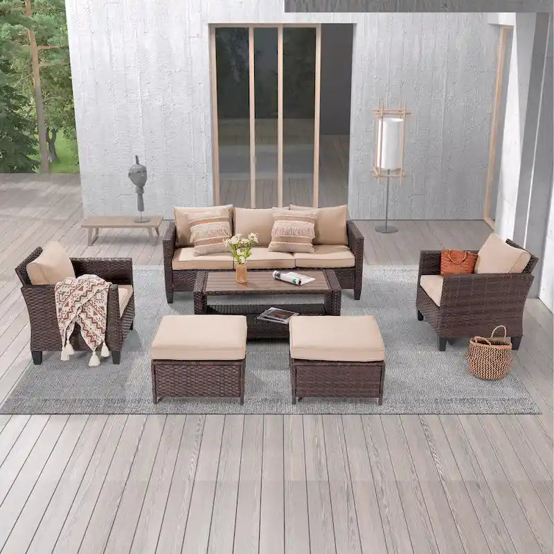LIVOOSUN 6Pcs Patio Brown Rattan Outdoor Furniture Sofa Set with Coffee Table