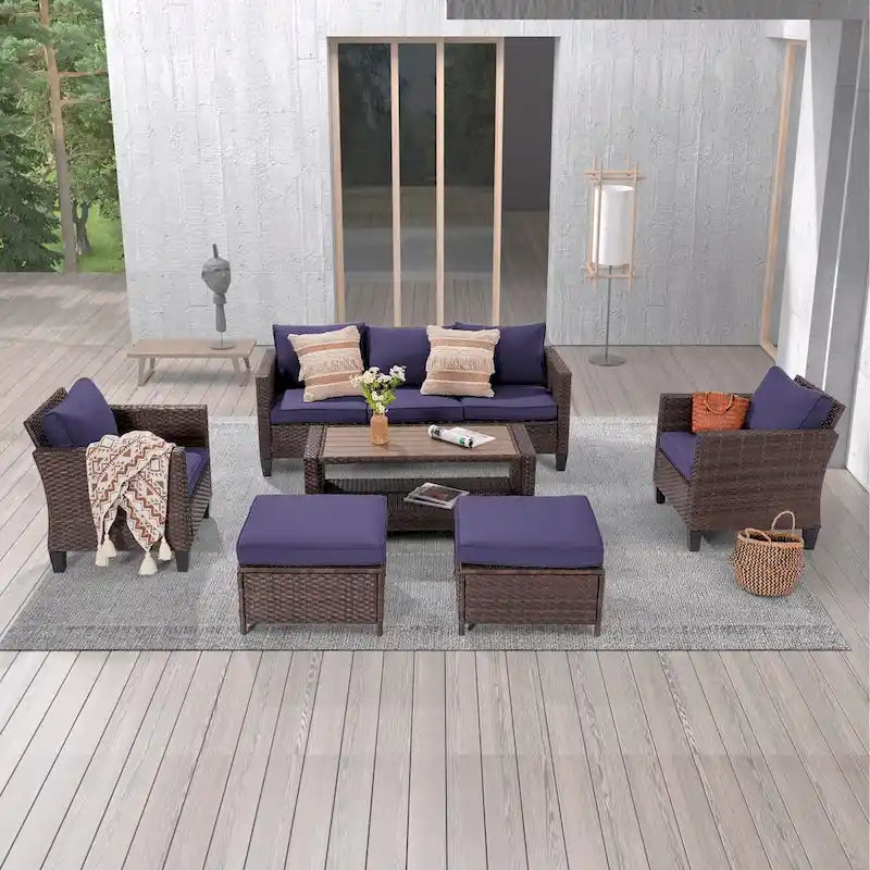 LIVOOSUN 6Pcs Patio Brown Rattan Outdoor Furniture Sofa Set with Coffee Table