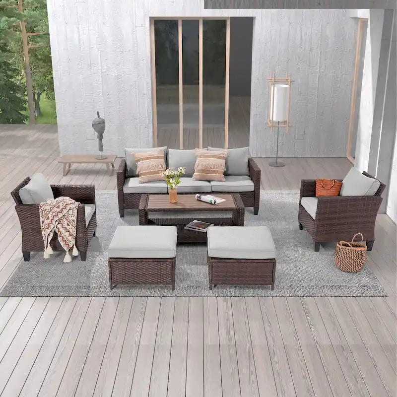 LIVOOSUN 6Pcs Patio Brown Rattan Outdoor Furniture Sofa Set with Coffee Table