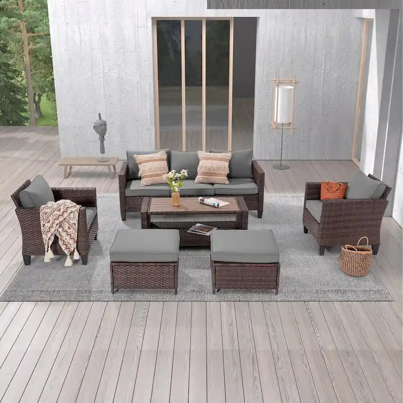 LIVOOSUN 6Pcs Patio Brown Rattan Outdoor Furniture Sofa Set with Coffee Table