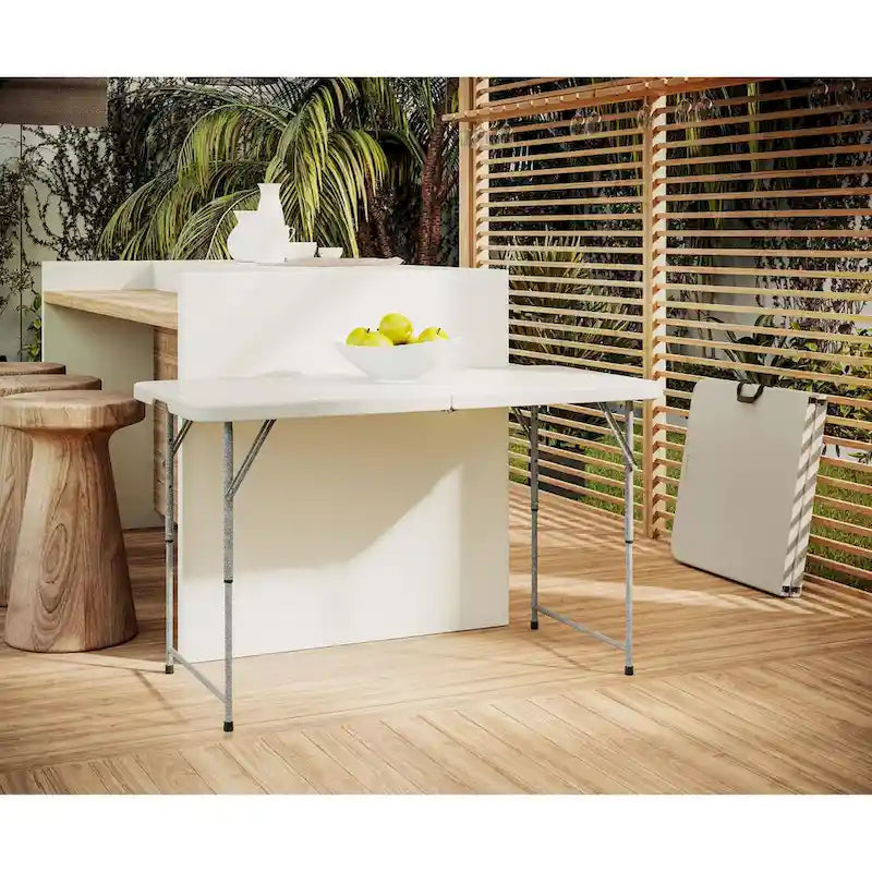 Indoor Outdoor Granite White Adjustable Height Folding Table with Easy-Carry Handle