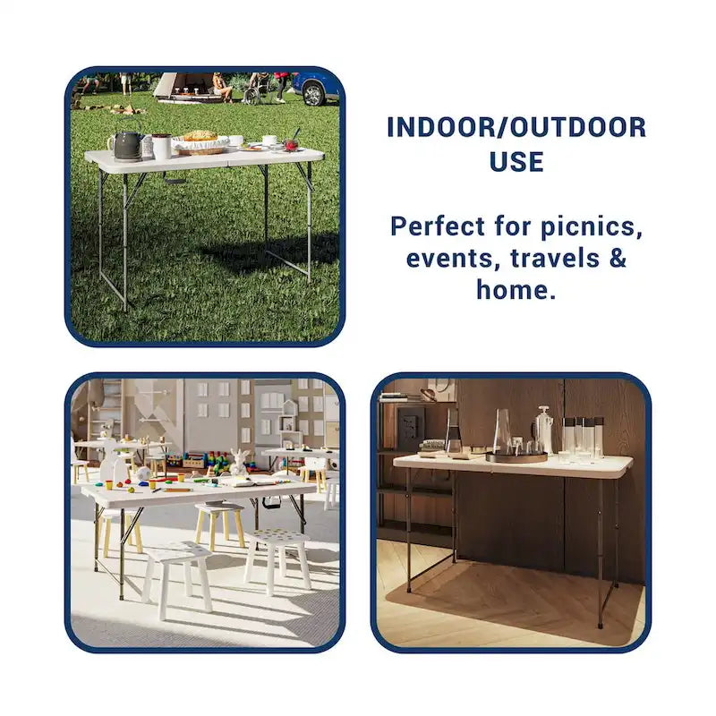 Indoor Outdoor Granite White Adjustable Height Folding Table with Easy-Carry Handle