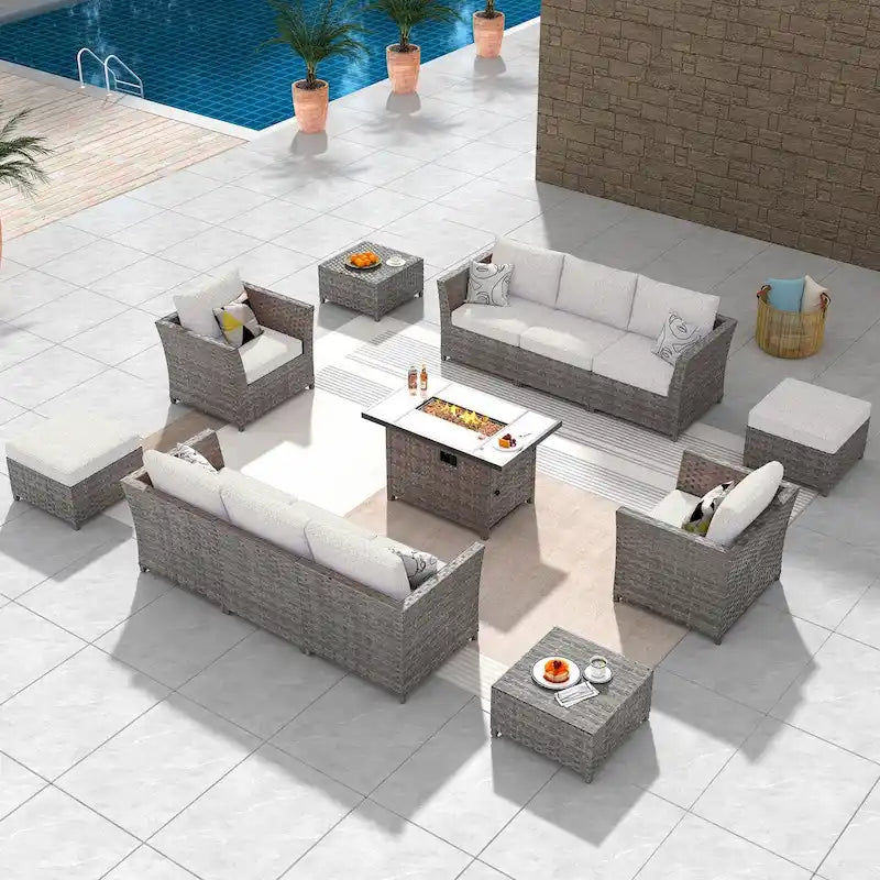 HOOOWOOO 13-piece Grey Wicker Patio Furniture Outdoor Sectional Set with Fire Pit