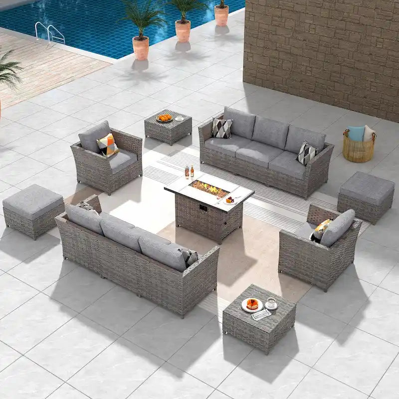 HOOOWOOO 13-piece Grey Wicker Patio Furniture Outdoor Sectional Set with Fire Pit
