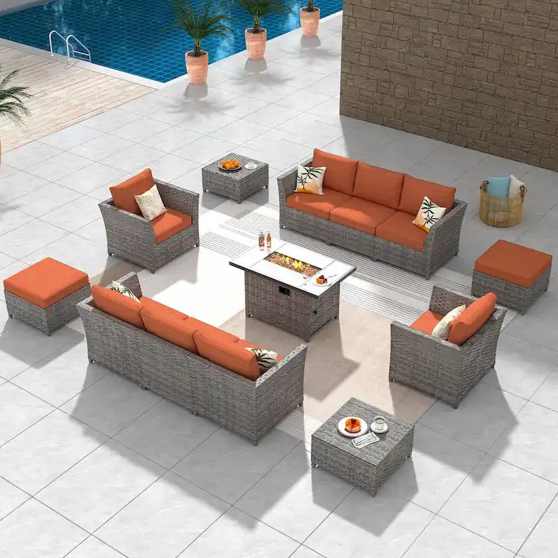 HOOOWOOO 13-piece Grey Wicker Patio Furniture Outdoor Sectional Set with Fire Pit