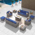 HOOOWOOO 13-piece Grey Wicker Patio Furniture Outdoor Sectional Set with Fire Pit
