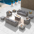 HOOOWOOO 13-piece Grey Wicker Patio Furniture Outdoor Sectional Set with Fire Pit